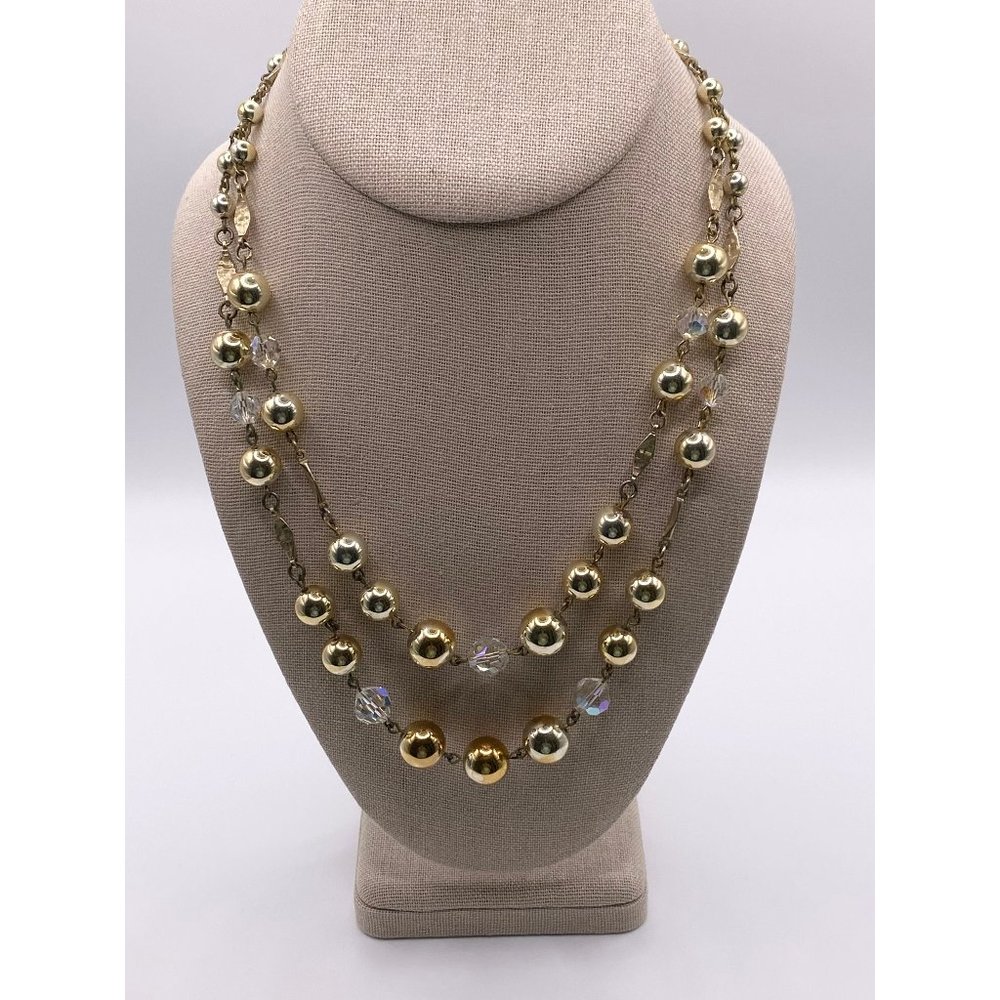 Vintage gold and aurora borealis necklace | double layered vintage bead necklace